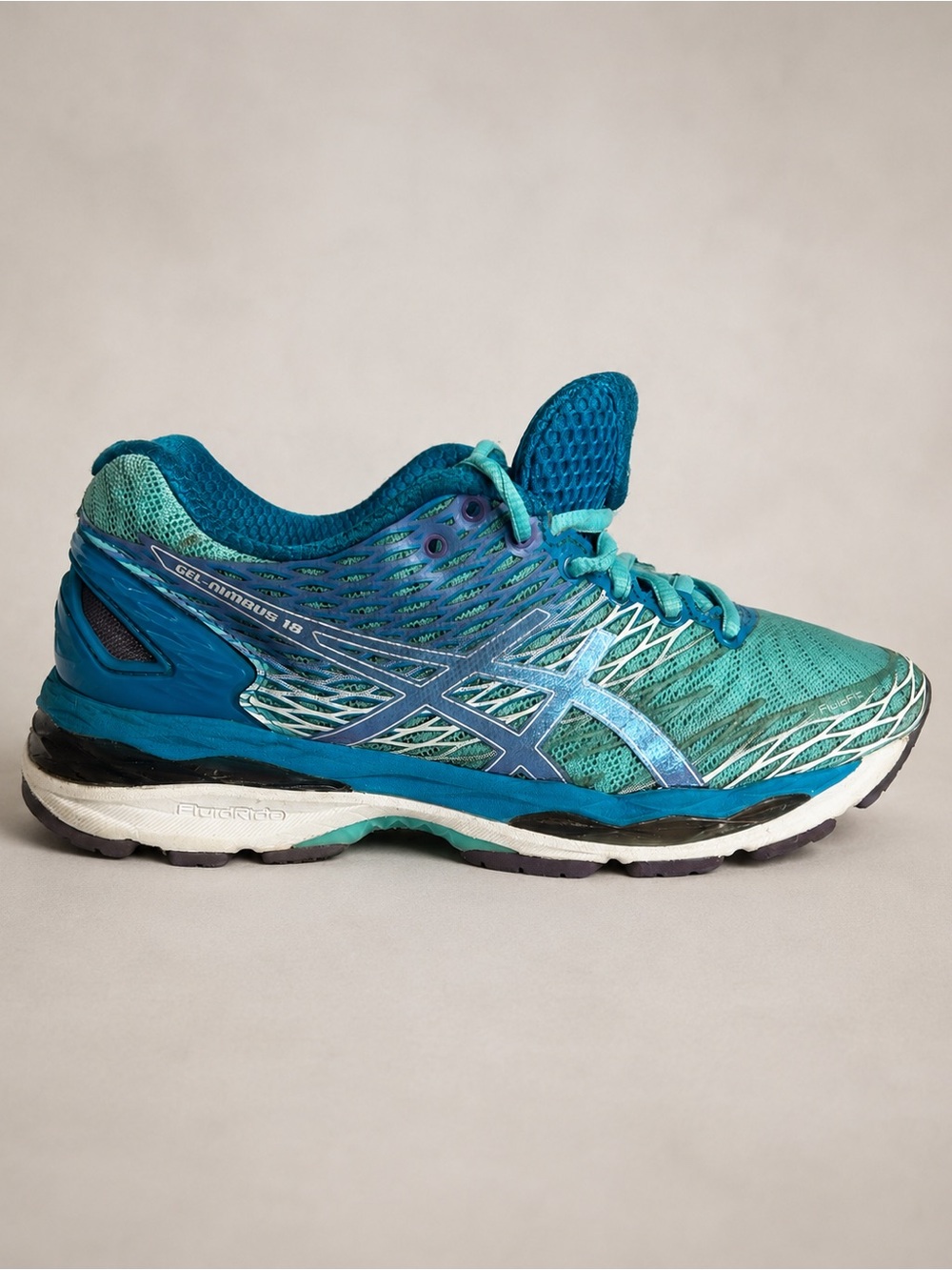 A S I C S Gel-Nimbus 18 womens US 7.5 Medium in Turquoise/Iris/Methyl Blue color